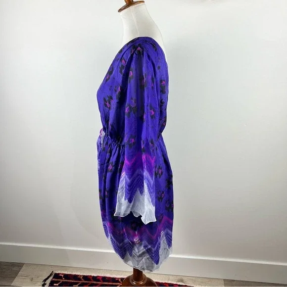 Aryn K Purple Silk Dress Size M 100% Silk Print V-Neck Elastic Waist Fairycore - Picture 10 of 11